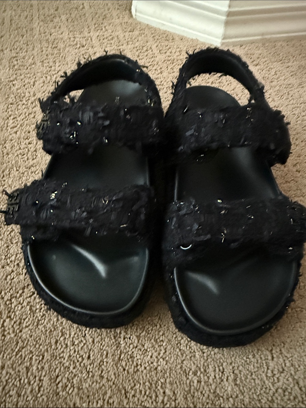 Tory Burch Kira navy tweed Double-Strap Sandals